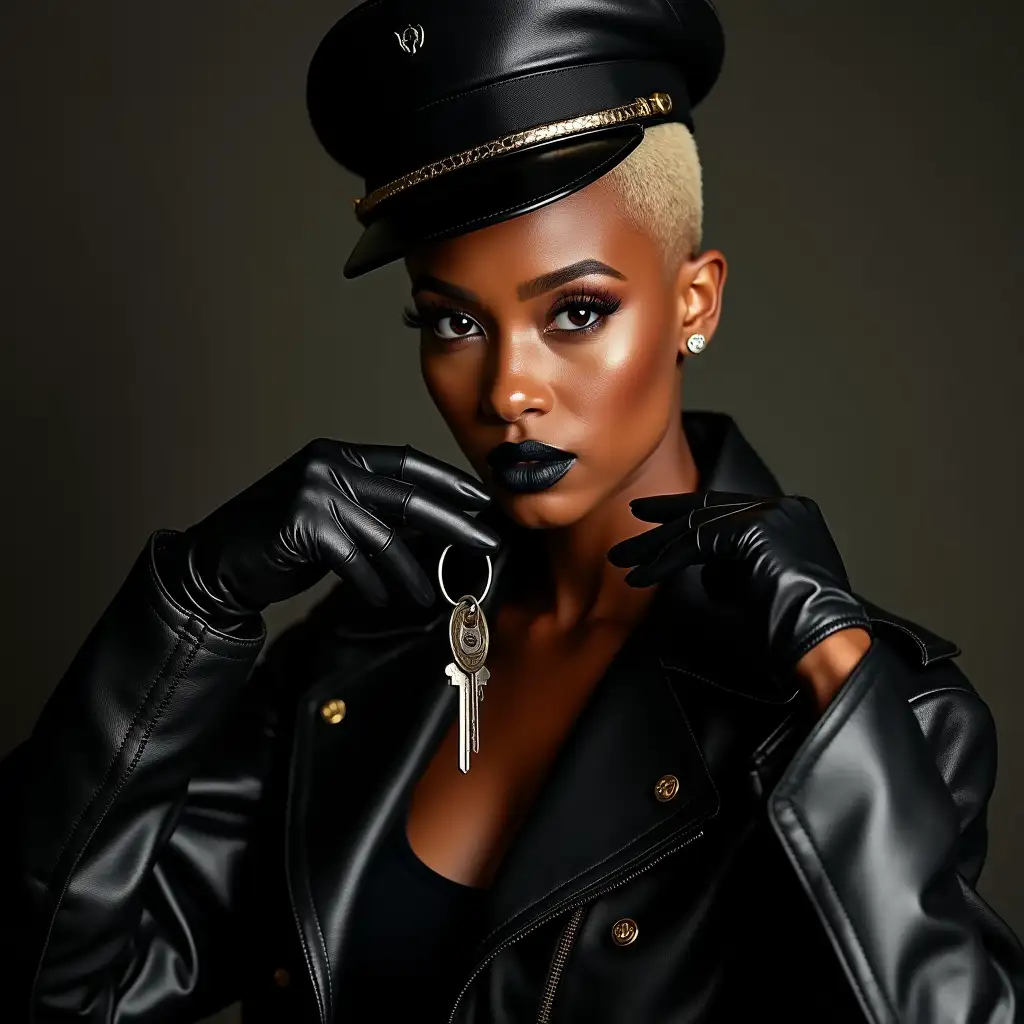 Female-African-Rap-Singer-in-Leather-Outfit-Holding-Keys-with-Bold-Cat-Eye-Makeup