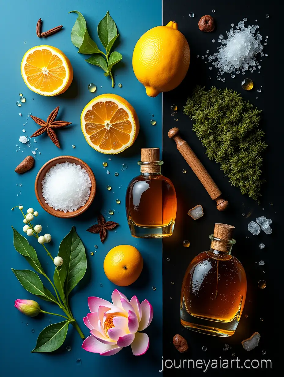 FlatLay-Photography-of-PerfumePerfume-ingredients-flatlay-Ingredients-with-Dewy-Glossy-Effect-on-Blue-and-Black-Background