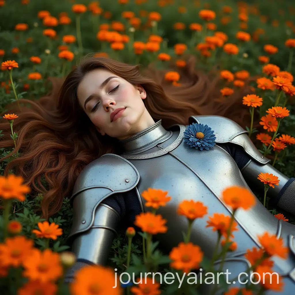 Woman-Sleeping-Peacefully-in-Medieval-Armor-Amidst-Vibrant-Orange-Flowers