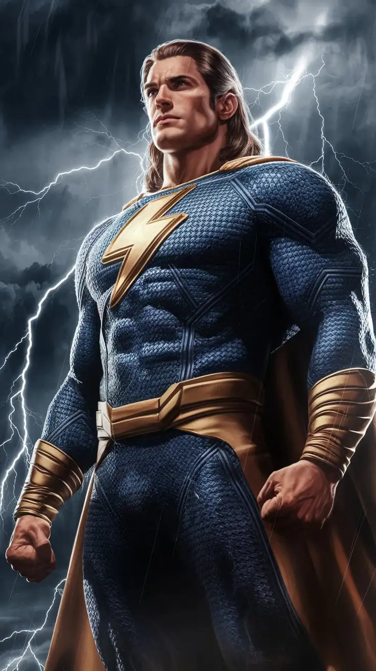 Supercharged brawn. Herculean powers. 35 years old. Superhero. Standing reverently in a lightning storm. Long hair. Photorealistic.