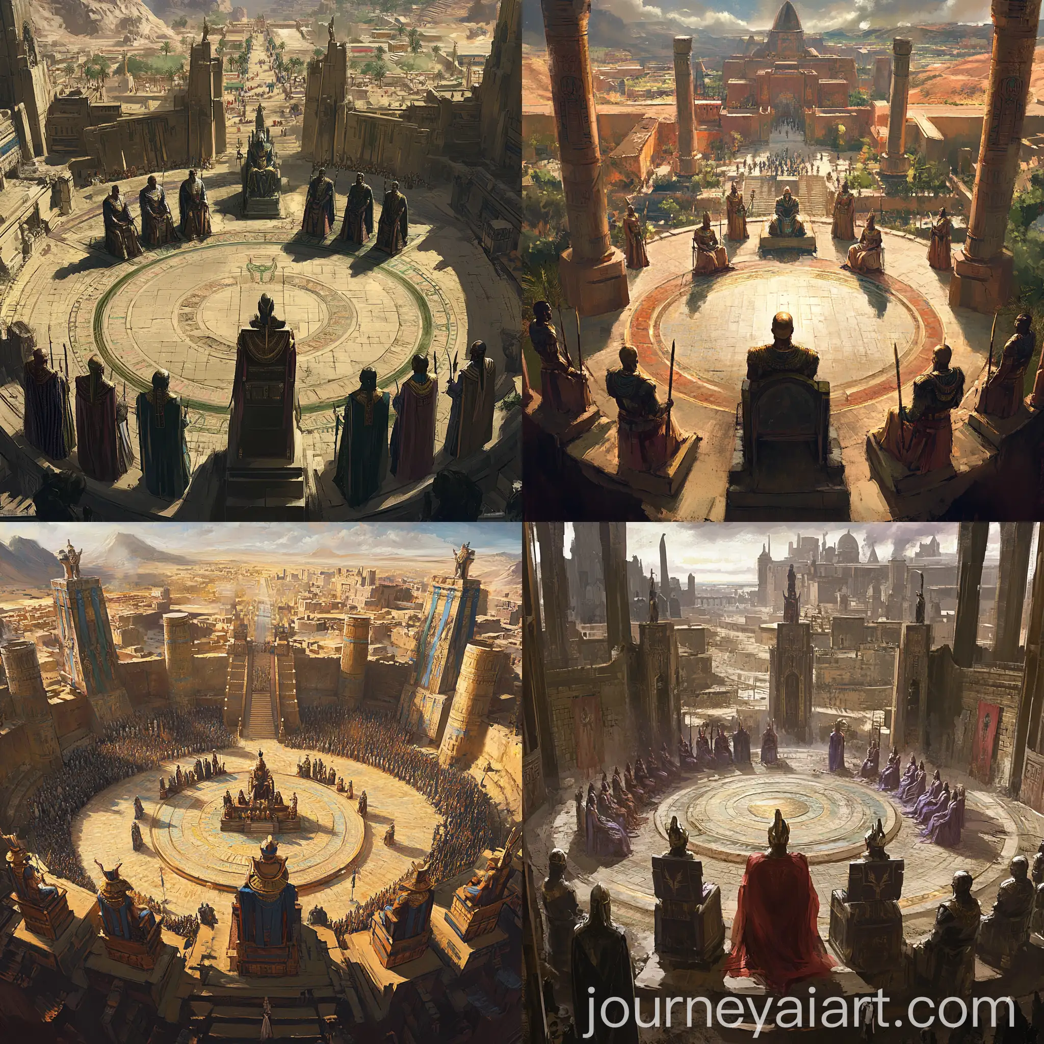 Royal-Court-in-Circular-City-Square-with-King-Queen-Soldiers-and-Servants