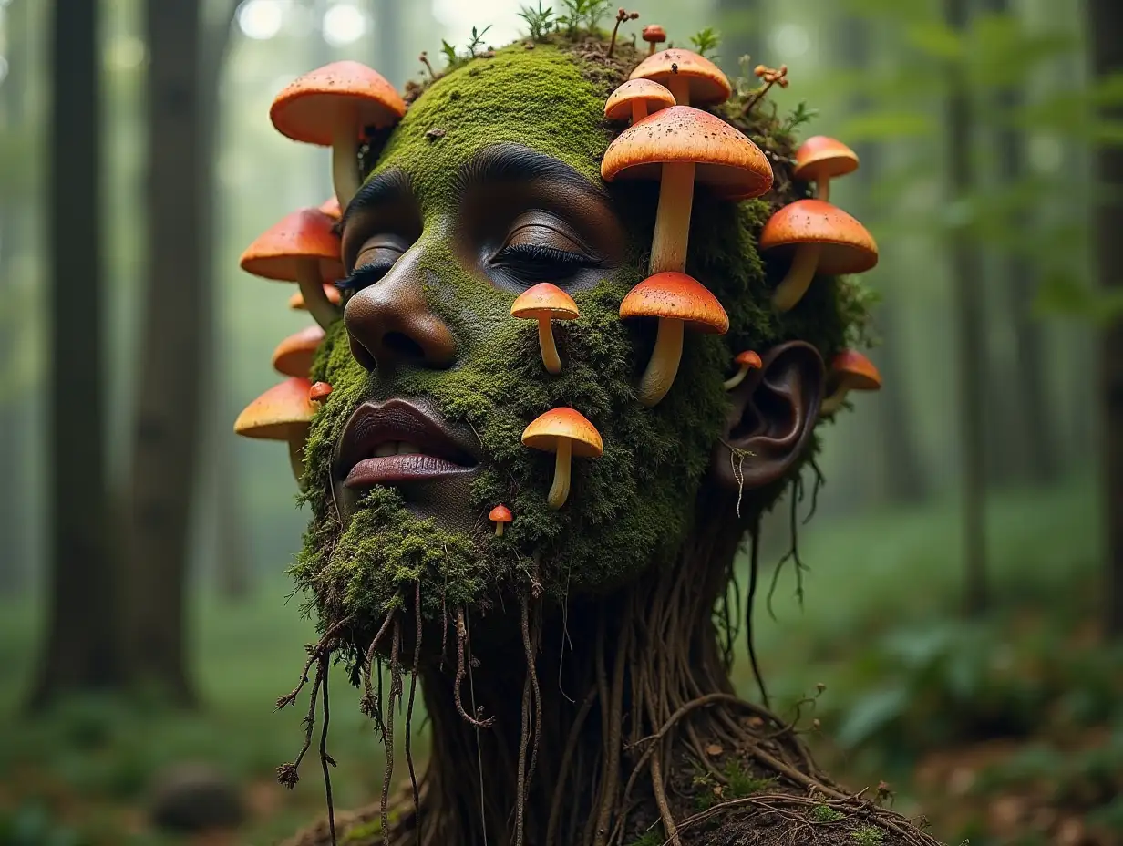 Face with colorful mushroom in mouth roots transformed into building in the forest