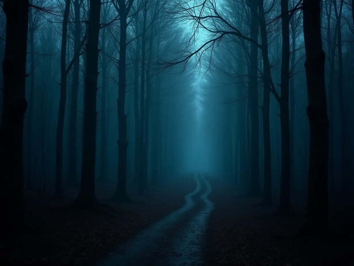 scary path in dark forest at night, surreal landscape