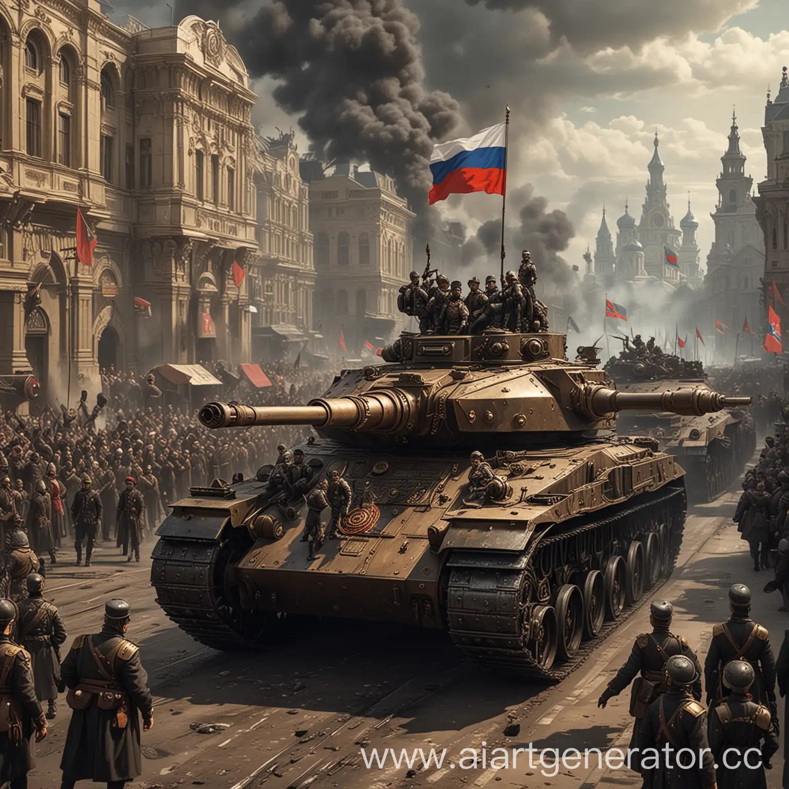 Citizens-Applauding-the-Russian-Imperial-Armys-March-with-Tanks-in-Steampunk-Style