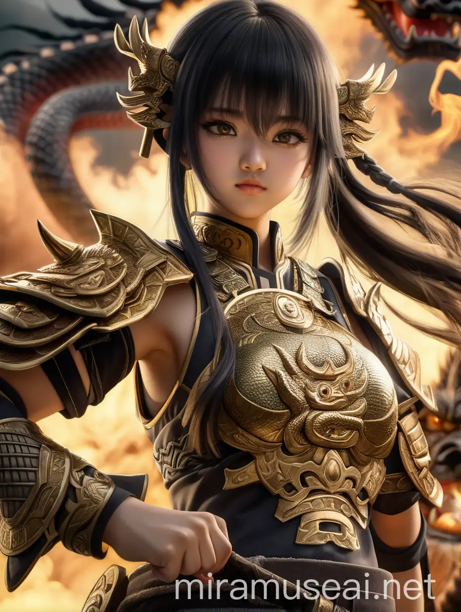 Anime Warrior Woman Facing Chinese Dragon Emblem