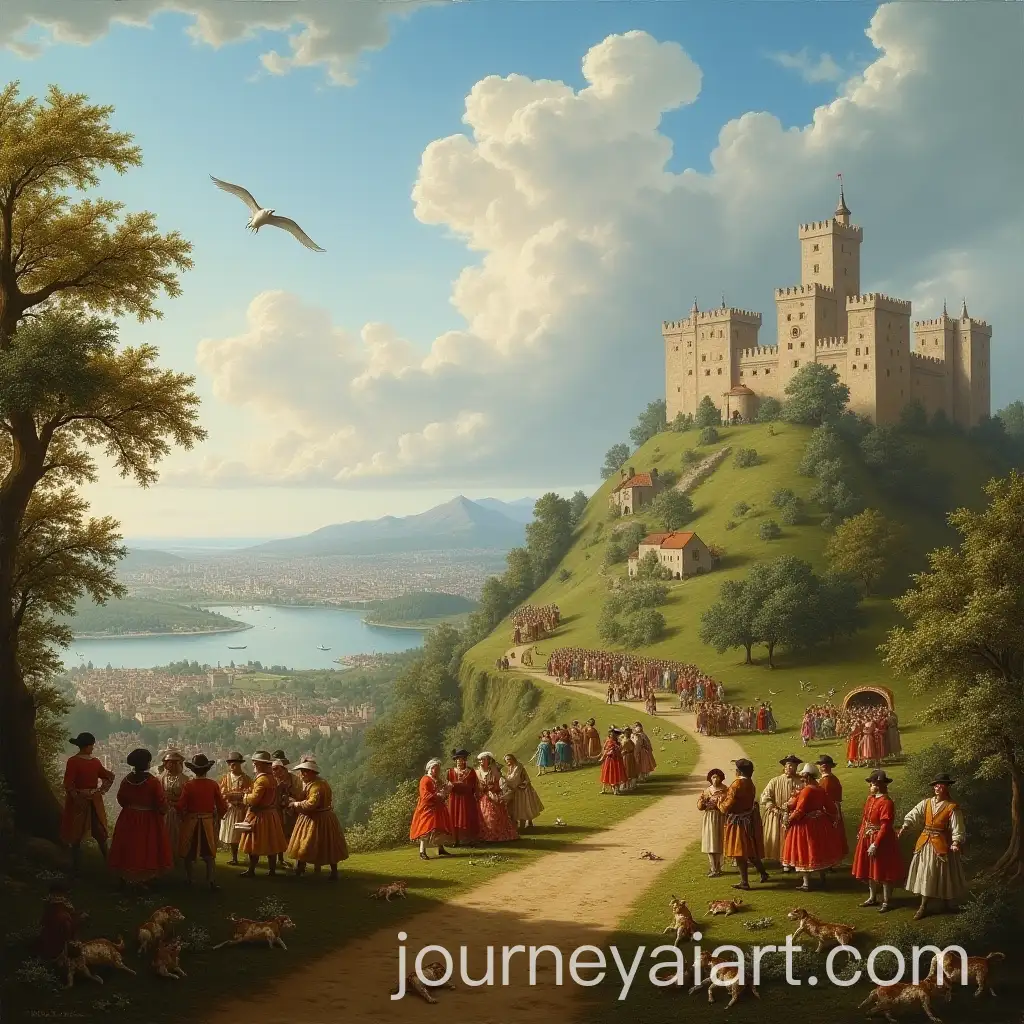 Louis-XIV-Fleeing-Cities-on-Grassy-Road-with-Castle-Background