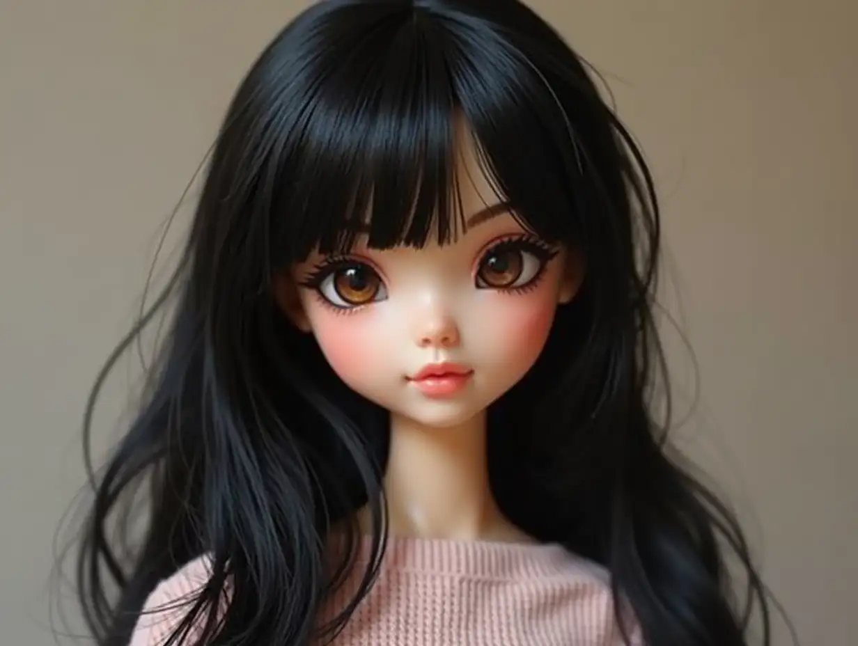 Create a doll with black hair, with brown eyes and Asian appearance