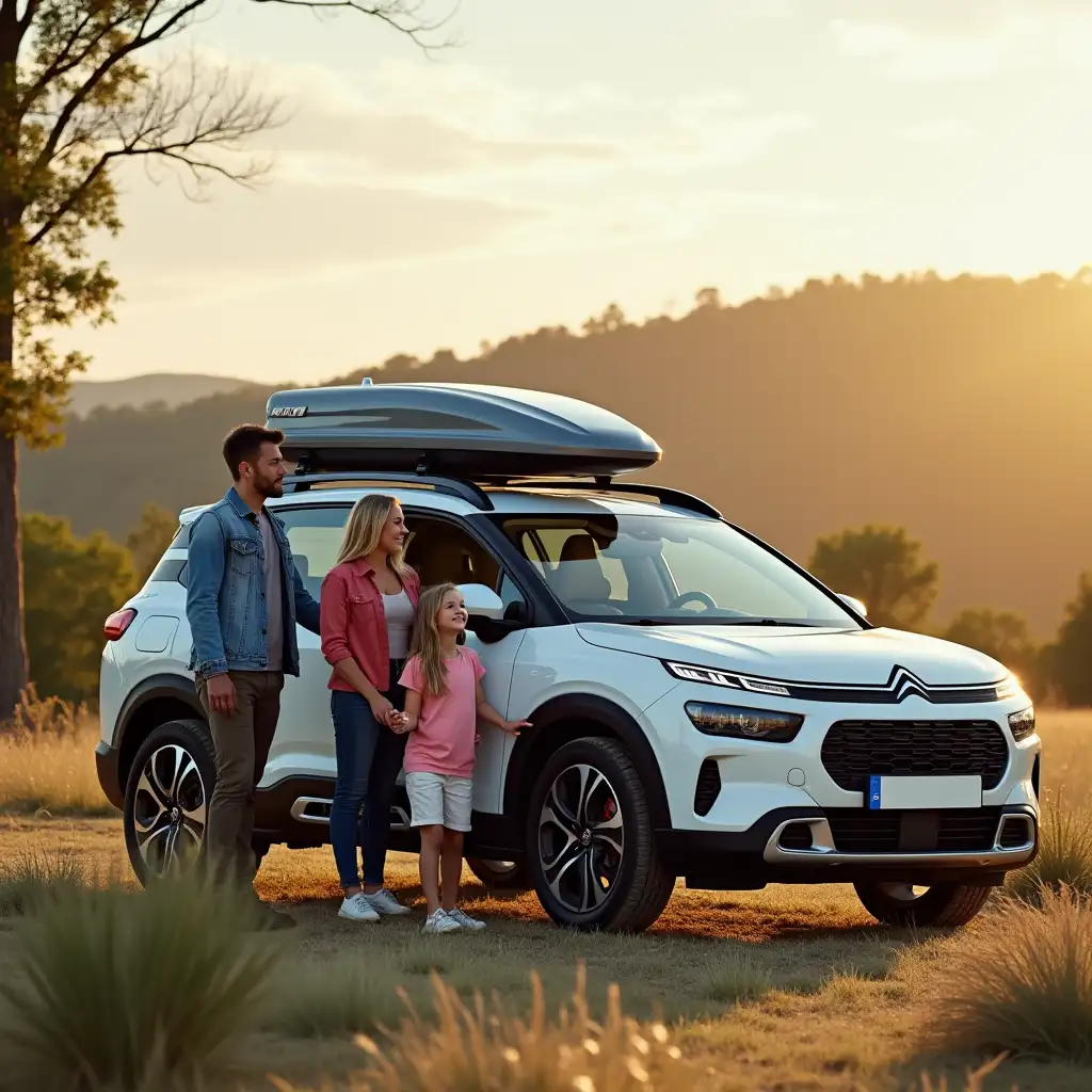 a family of 4 stood by a modern european car with a roofbox on the roof, about to go on holiday