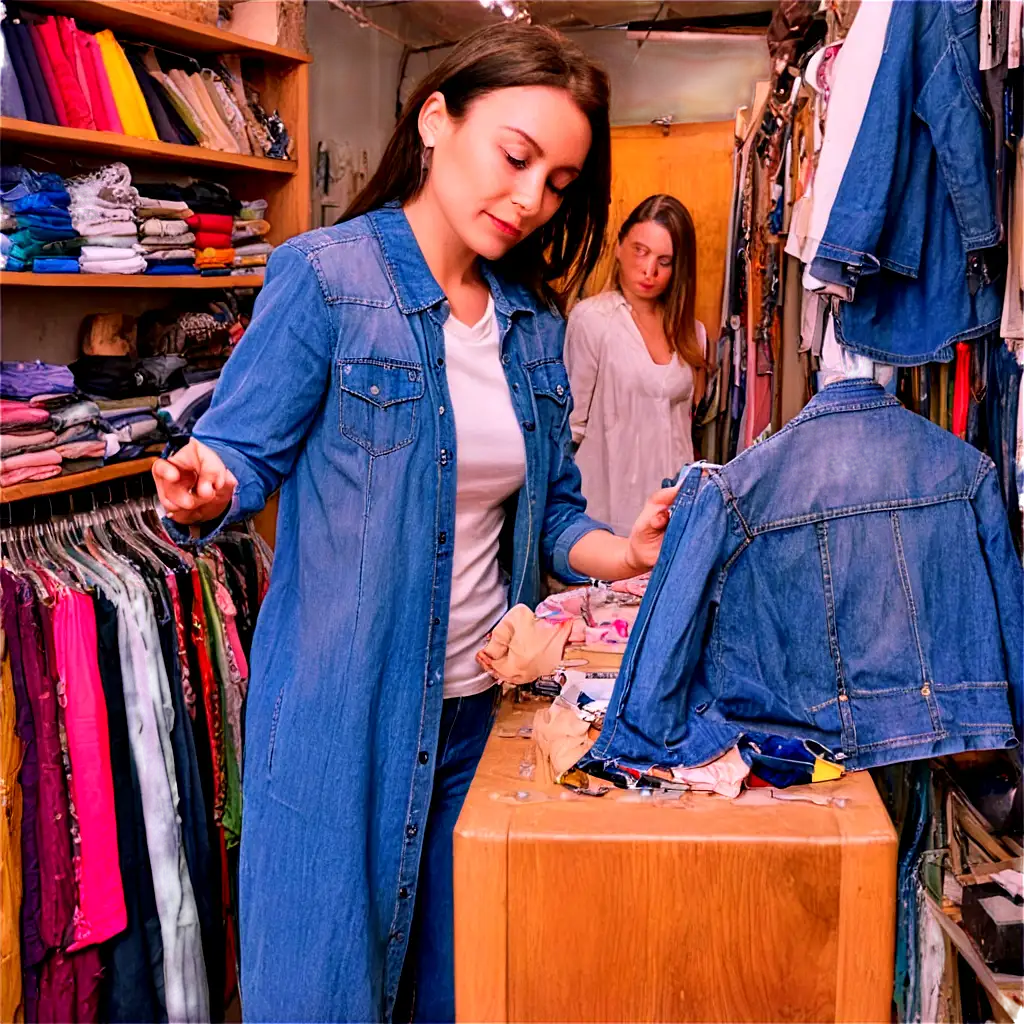 In a bustling, modern workshop filled with vibrant fabrics, stacks of vintage clothes, and a variety of sewing tools, designers are hard at work. The atmosphere is lively and creative, with bright overhead lights illuminating the space. In the center of the room, a large wooden table is covered with a rainbow of textiles: old jeans, worn-out leather jackets, colorful scarves, and patterned shirts. A designer, dressed in a trendy apron with various patches and pins, carefully examines an old denim jacket. With a look of determination, they begin cutting and sewing, transforming the jacket into a stylish, one-of-a-kind tote bag. Nearby, another designer works on a mannequin, draping a vintage silk scarf over a repurposed skirt, adding intricate embroidery and beading to create a unique, bohemian dress. Shelves around the room are filled with neatly organized buttons, zippers, threads, and other embellishments, ready to be incorporated into new designs. Finished pieces hang on a rack, showcasing an eclectic mix of styles: a pair of high-waisted jeans with lace inserts, a patchwork jacket made from old band t-shirts, and a chic, asymmetrical dress crafted from reclaimed fabric swatches. The workshop embodies the essence of upcycled fashion, where creativity meets sustainability. Each item tells a story, breathing new life into forgotten materials and transforming them into fashionable, eco-friendly garments and accessories.