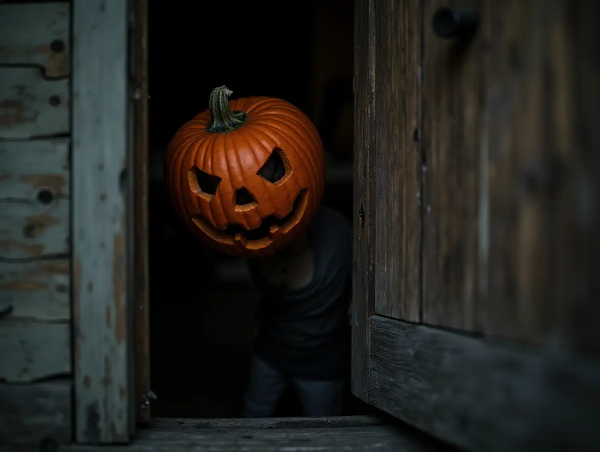 Scary halloween pumpkin peeking out from behind an old abandoned wooden door.