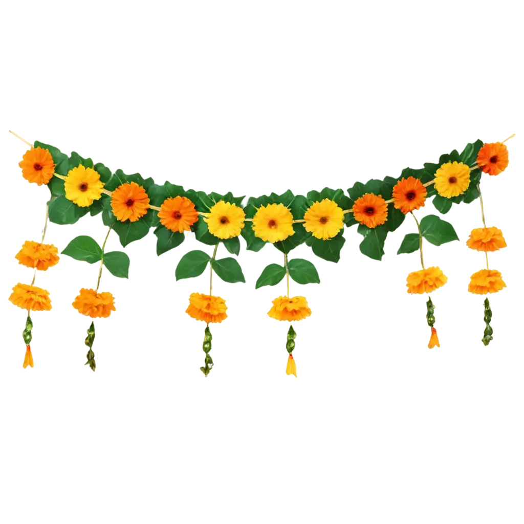 Marigold-Toran-with-Green-Leaves-PNG-HighQuality-Transparent-Image-for-Festive-Decor