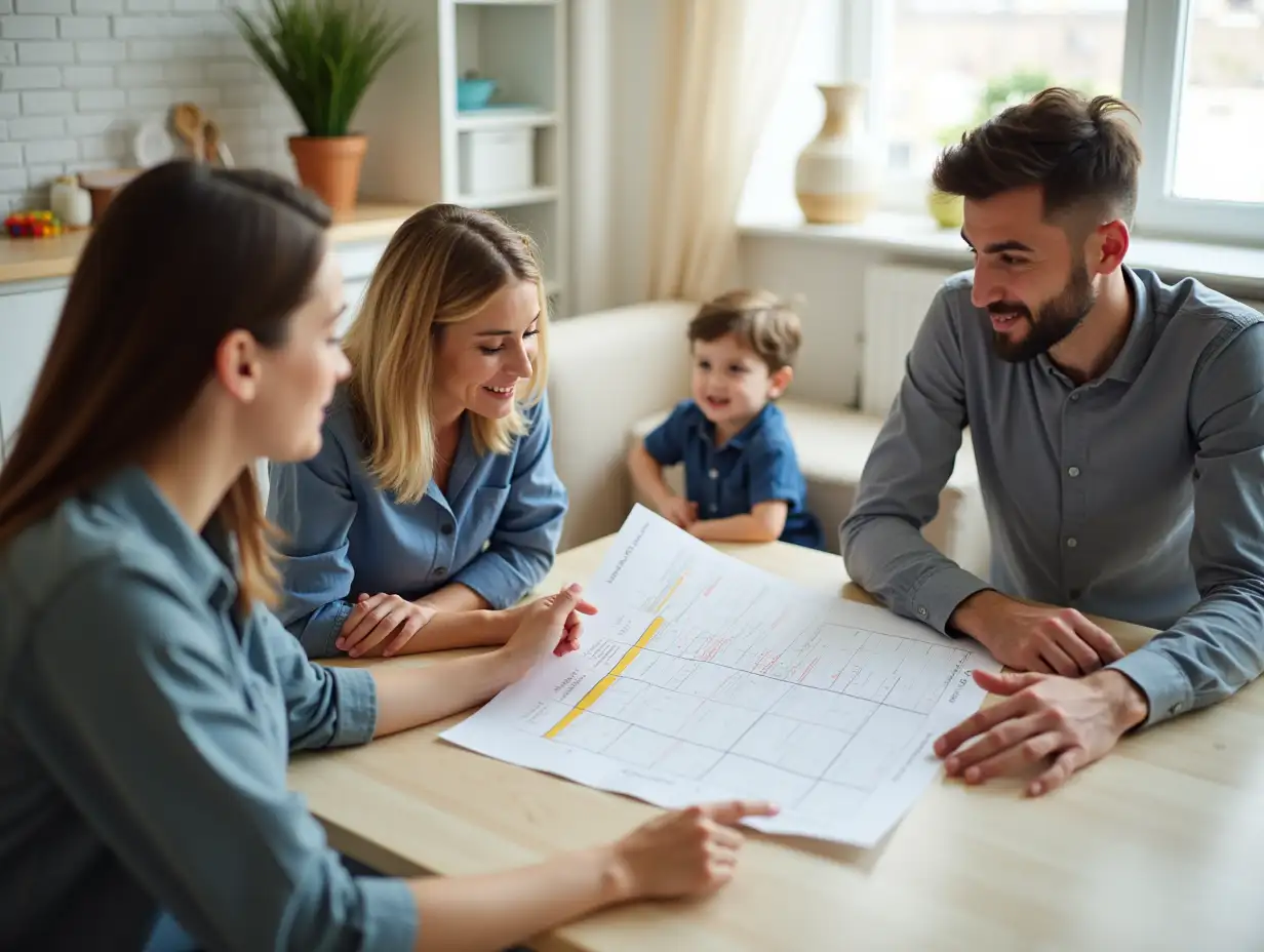 Social Worker’s Role: A professional sitting with the parents at a table, showing them a chart and discussing strategies, while the child(boy) plays in the background.