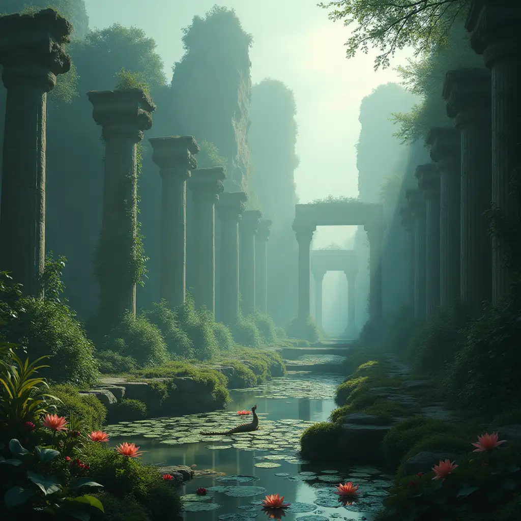 A picture of a ruined ancient city shrouded in mist. Broken columns and stone statues can be seen among the weeds. In the center of the city, there is a mysterious garden with exotic plants and ponds with floating water lilies. An ethereal light shines through the garden, casting long shadows on the ruins. A mythical creature (like a fairy or a small dragon) can be seen among the flowers.