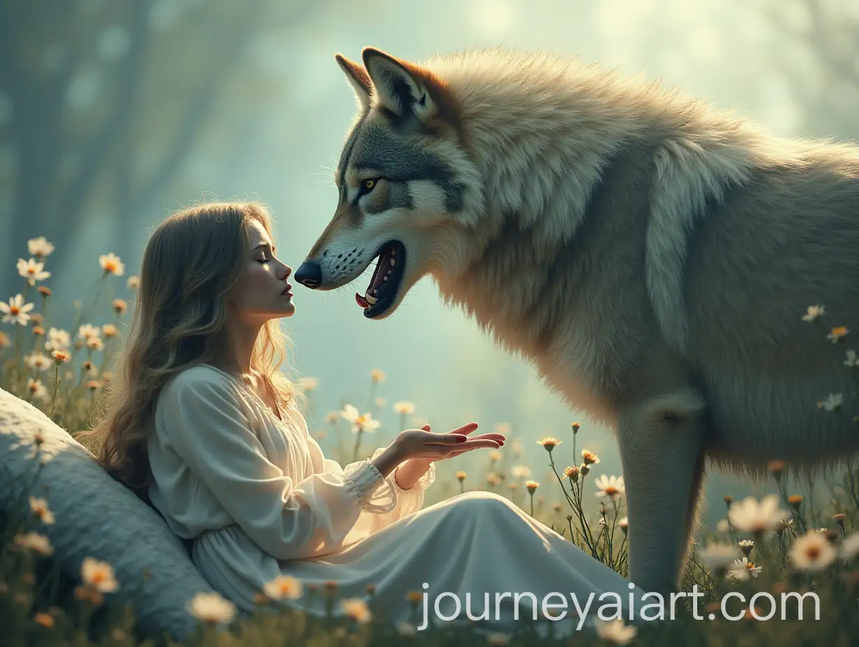 Young-Woman-and-Wolf-in-a-Magical-Emotional-Moment-Surrounded-by-Flowers