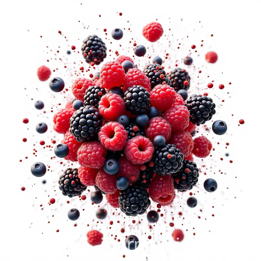 Massive-Explosion-of-Forest-Berries-in-the-Air-on-White-Background