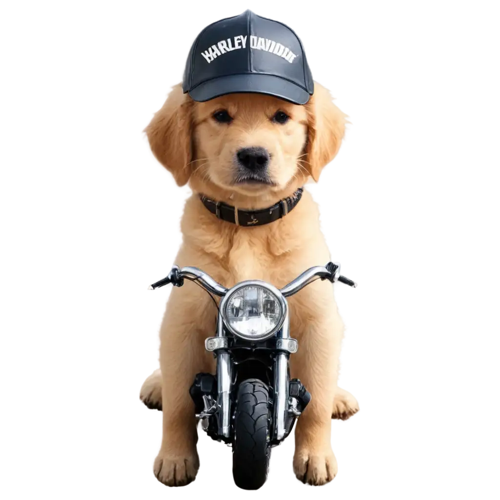 Golden retriever puppy riding a Harley Davidson motorcycle