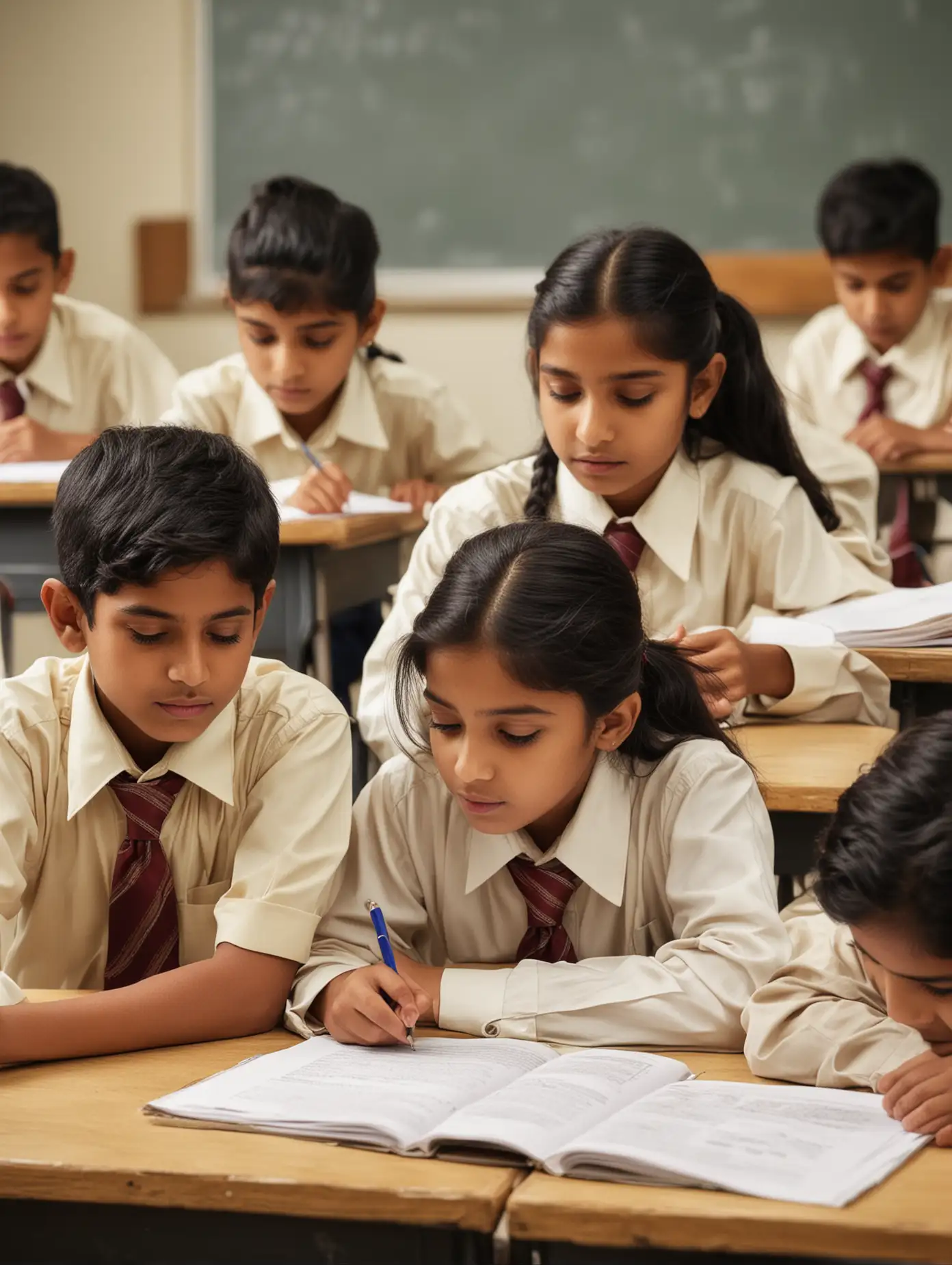 a group of Indian elementary school students focusing on their homework in the classroom