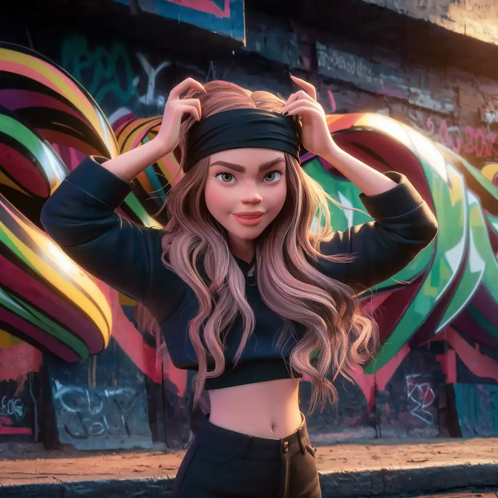 Cartoon-Girl-Tying-Black-Bandana-in-Front-of-3D-Graffiti-Wall