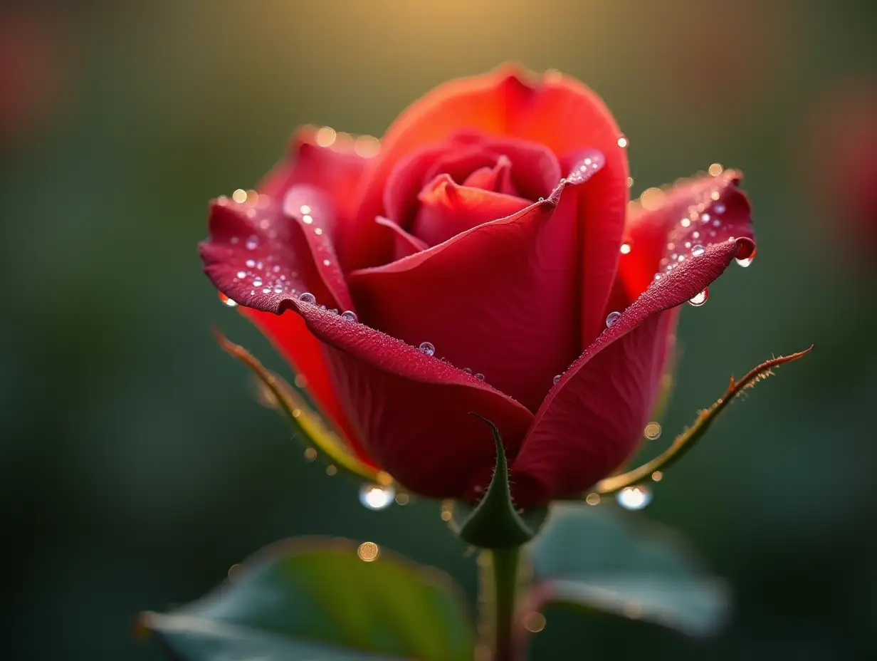 a rose in close-up with dewdrops of morning dew