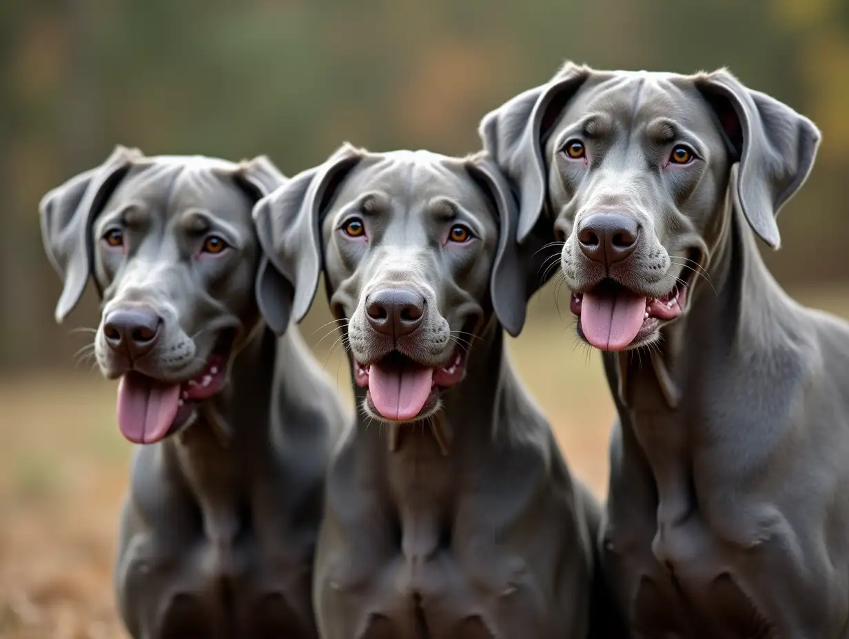 A group of grey spotted Dogue de Bordeaux with a long, thin nose, large eyes and open mouth