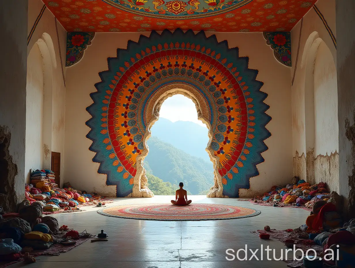 Colorful-Yoga-Temple-with-Intricate-Mandala-and-Mountain-Path-Carving