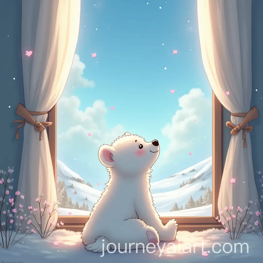Cheerful-White-Bear-Cub-in-Cozy-Room-with-Arctic-Glow-and-Fantasy-Landscape