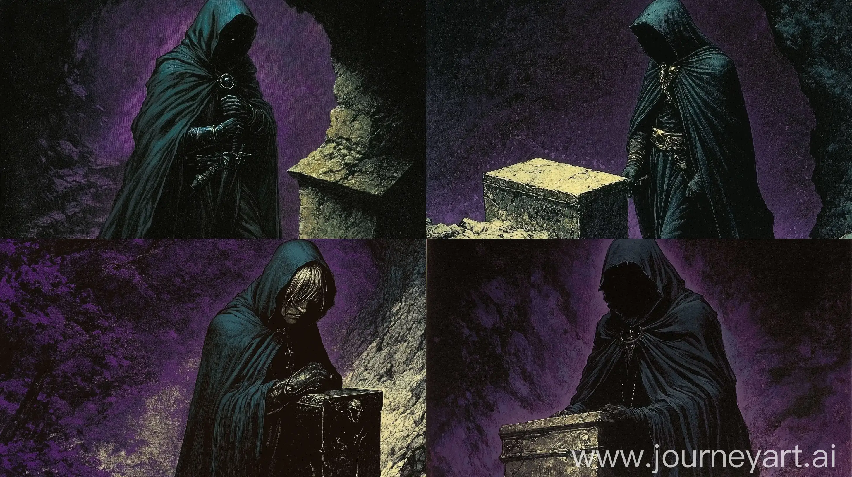 Mysterious-Man-in-Black-Cloak-in-Dark-Cave-Ruins