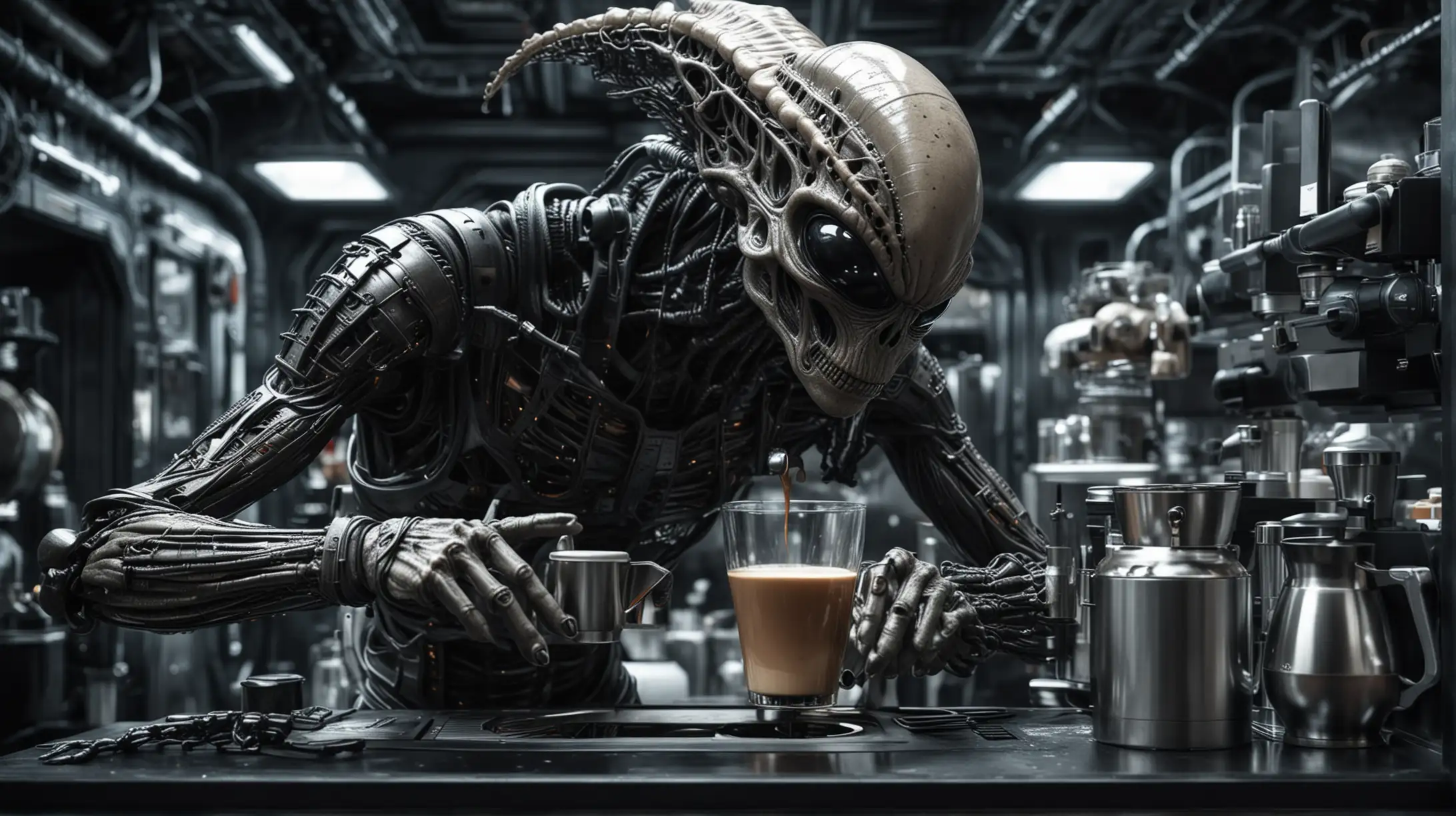 Strange Alien Barista Making Coffee on Dark Metallic Futuristic Space Station