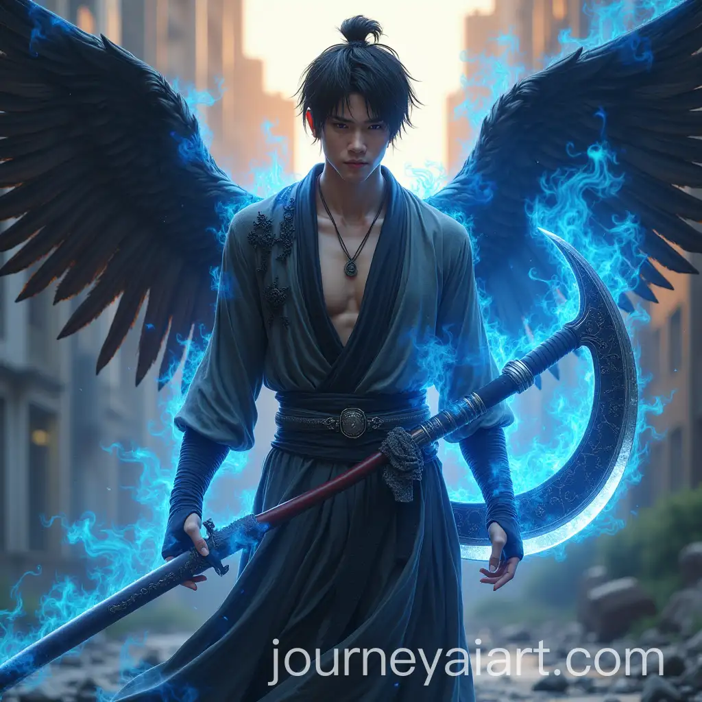 Muscular-Asian-Youth-with-Winged-Robe-and-Scythe-Sword-in-Urban-Ruins