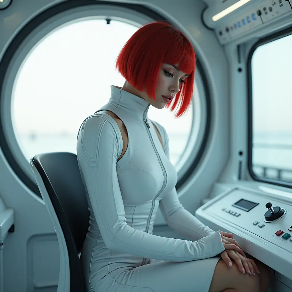 (RAW photo), extremely detailed, beautiful young woman, ((cool beauty)), white futuristic outfit, short red hair, sit on char in spaceship at control panel (Photorealistic :1.1)3840×2160, masterpiece, The best of qualities