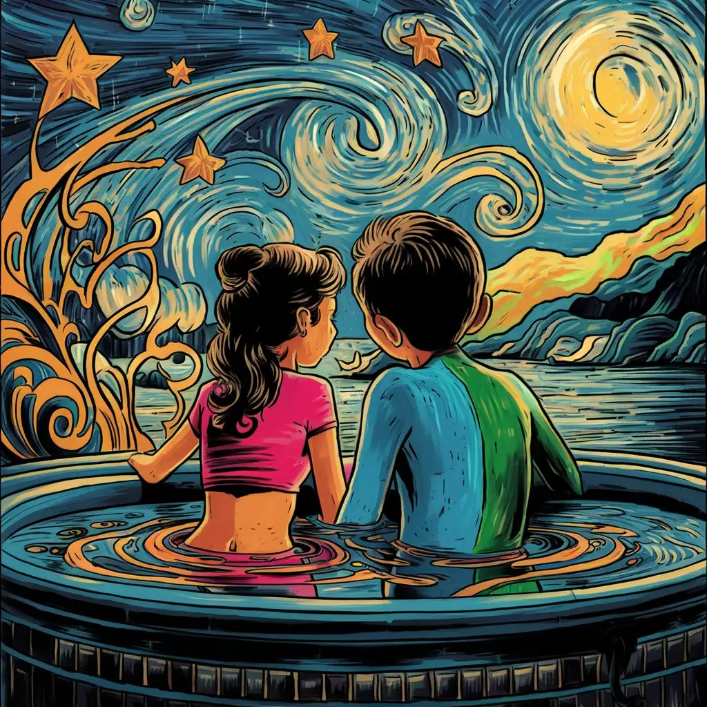 Children Gazing at Stars in Jacuzzi Keith Haring Van Gogh Style