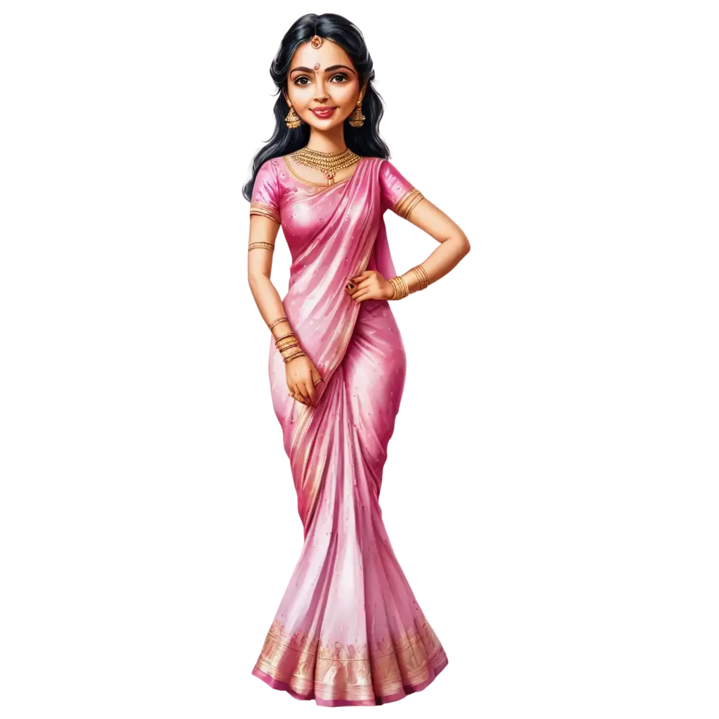 South-Indian-Wedding-Caricature-in-Pinkish-Saree-PNG-Image-Capturing-Traditional-Elegance