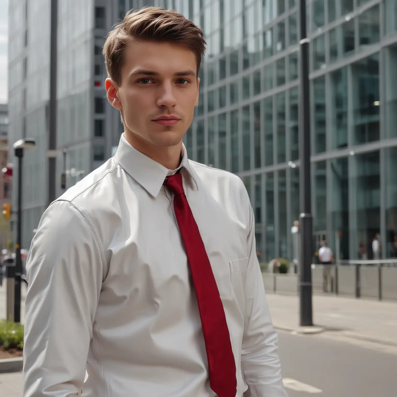 Young-Man-in-PearlGrey-Leather-Suit-Outside-Modern-Office-Building