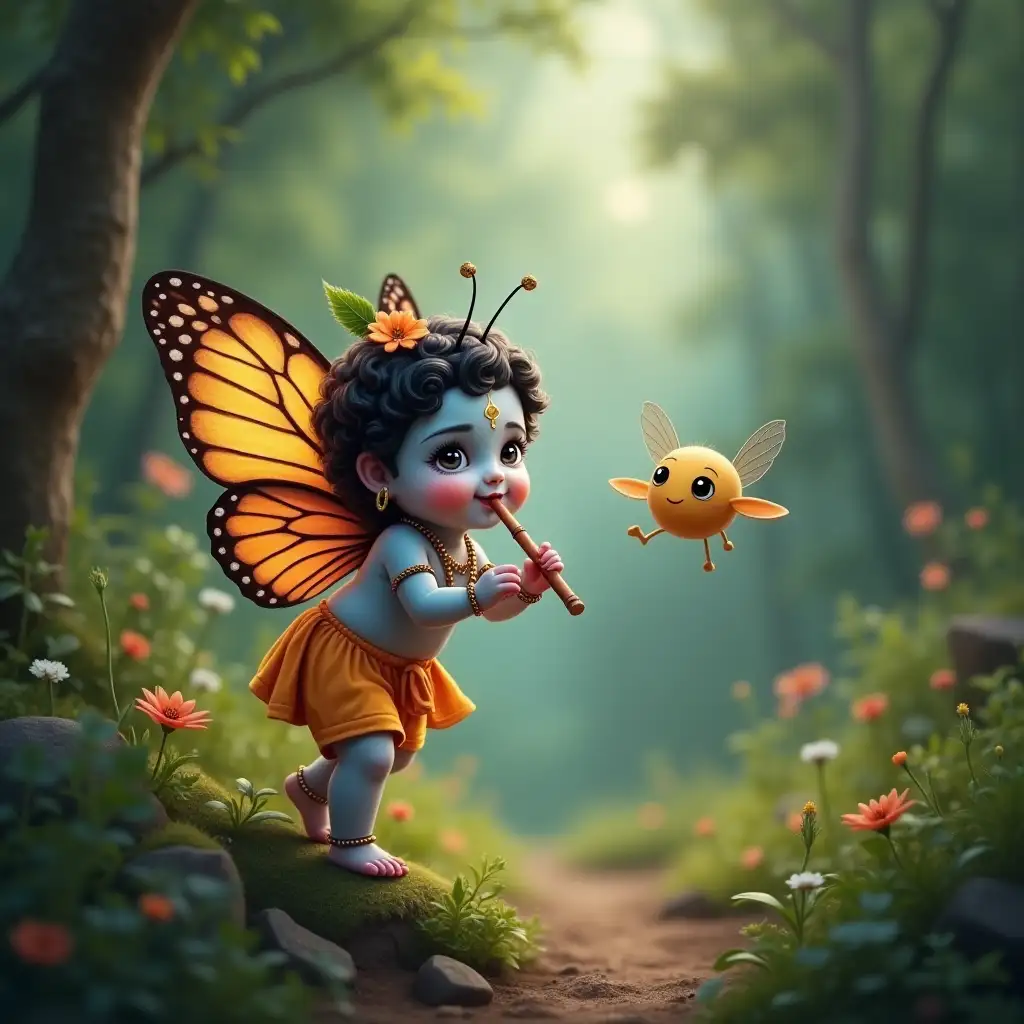 Butterfly fly flapping wings in forest and planets infront of smiling small baby shree krishna with flute looking  butterfly with cute big eyes