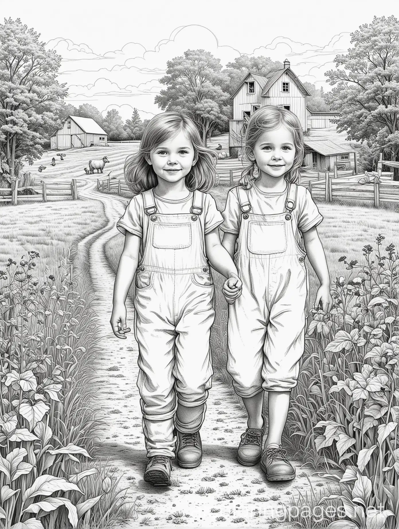 Children-Exploring-a-Farm-in-Line-Art