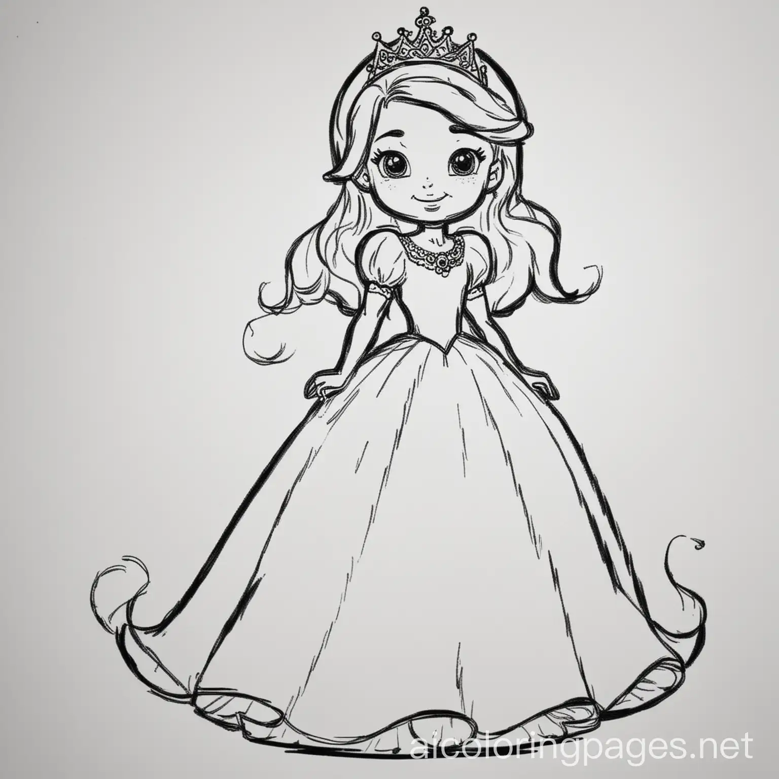 a princess farting, Coloring Page, black and white, line art, white background, Simplicity, Ample White Space. The background of the coloring page is plain white to make it easy for young children to color within the lines. The outlines of all the subjects are easy to distinguish, making it simple for kids to color without too much difficulty