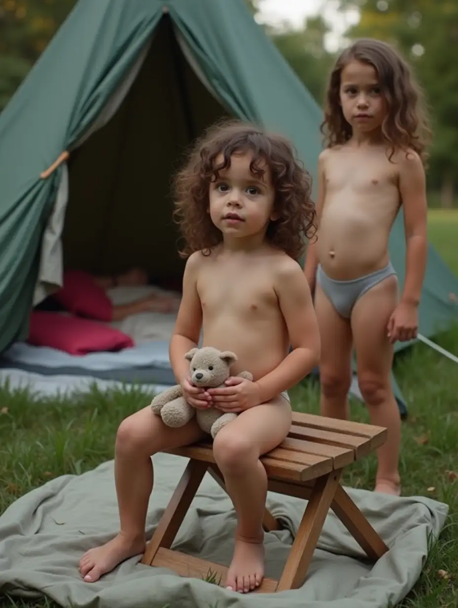 Skinny-Little-Girl-with-Stuffed-Animal-in-Campground-with-Two-Other-Children-and-Tent-Background