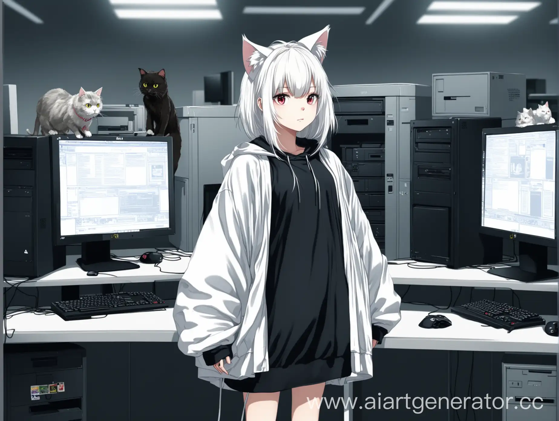 Girl-with-White-Hair-and-Cat-Ears-in-Oversized-Clothing-by-a-Computer-Area