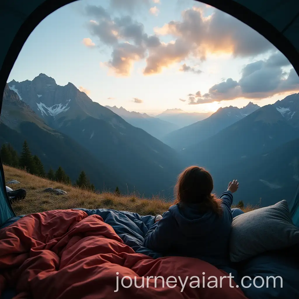 Person-Waking-Up-in-Mountain-Camp-Bed-Watching-Paragliding