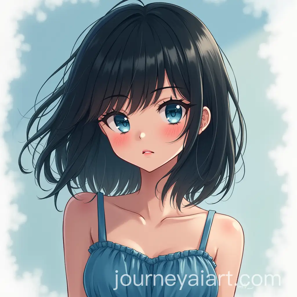 Young-Woman-with-Blue-Eyes-and-Black-Hair-in-a-Blue-Sundress