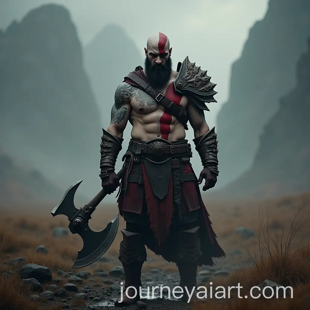 Kratos-Warrior-Stands-Ready-with-Great-Axe-on-Dark-Fantasy-Battlefield