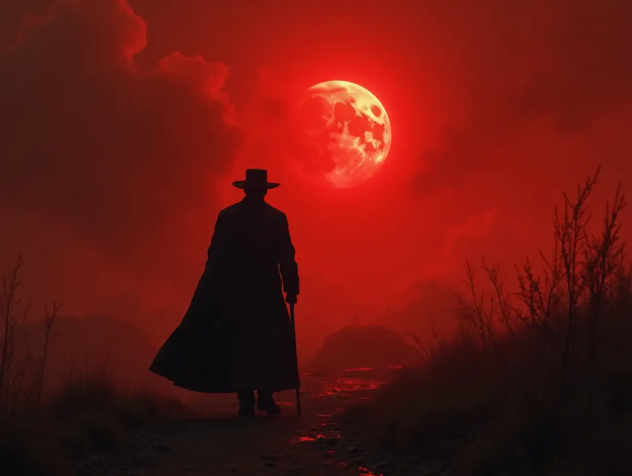 Eerie Landscape with Silhouette of Man in Black Hat and Coat