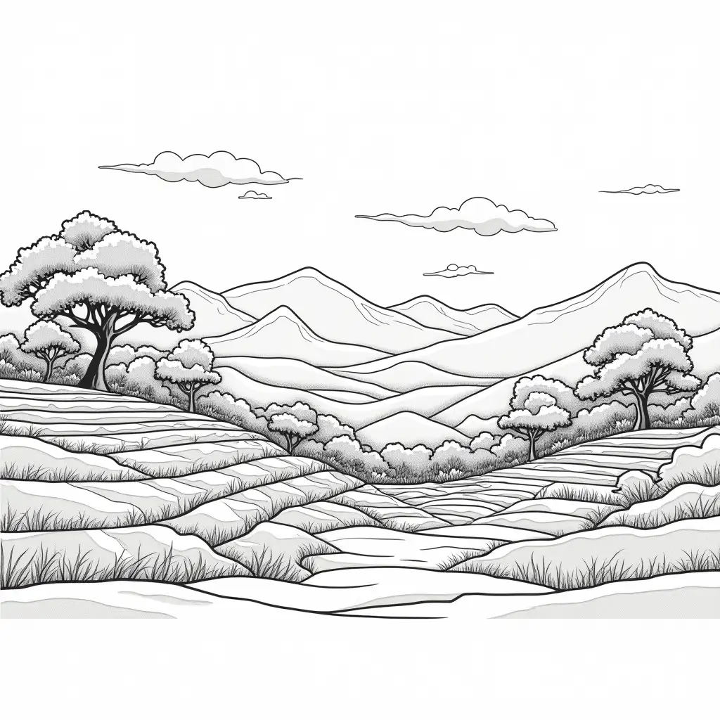 Beautiful-Landscape-Line-Art-of-Tea-Garden-with-Mountains-and-Trees