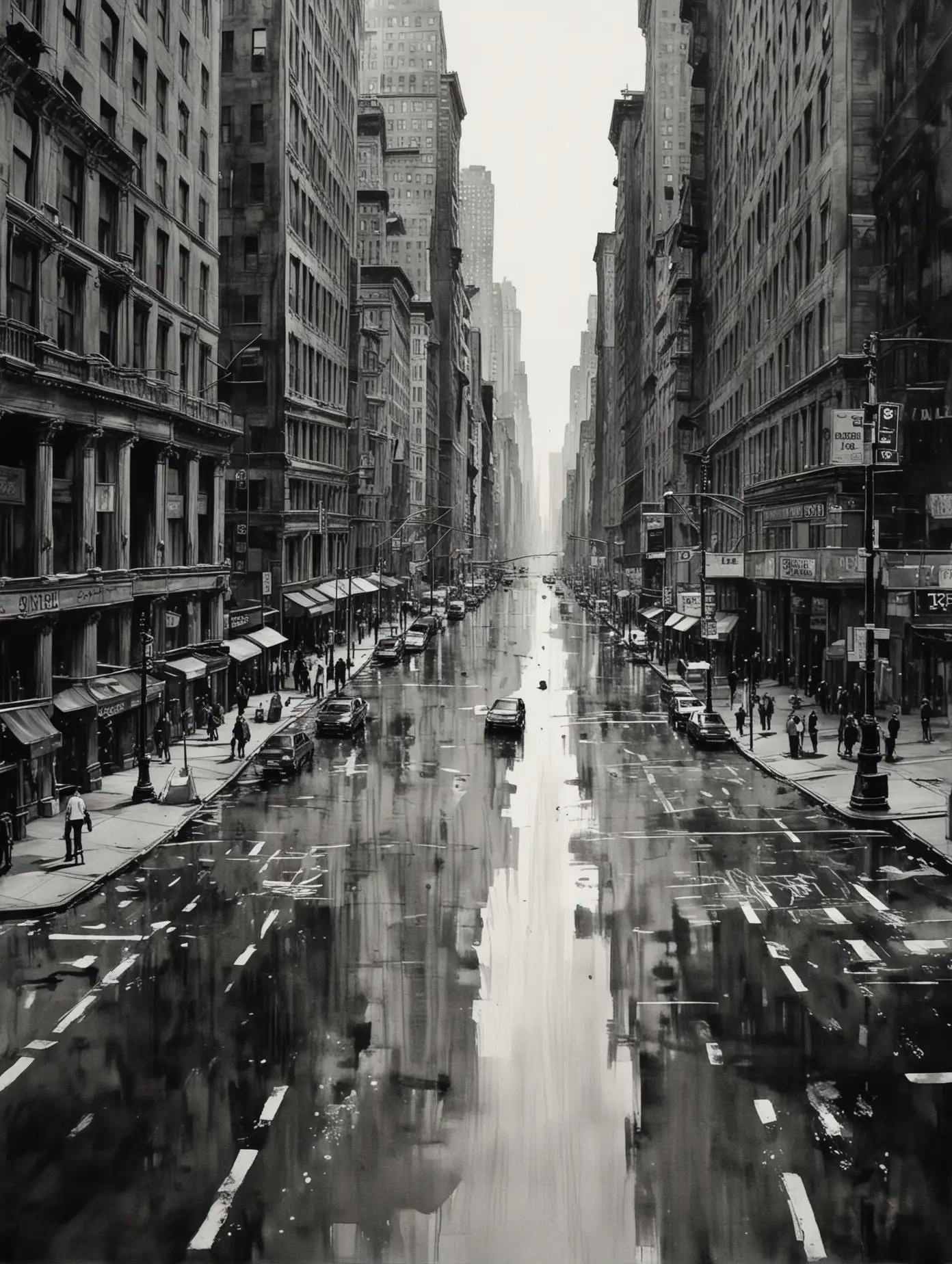 Ink painting style, 2008 financial crisis, New York, deserted streets