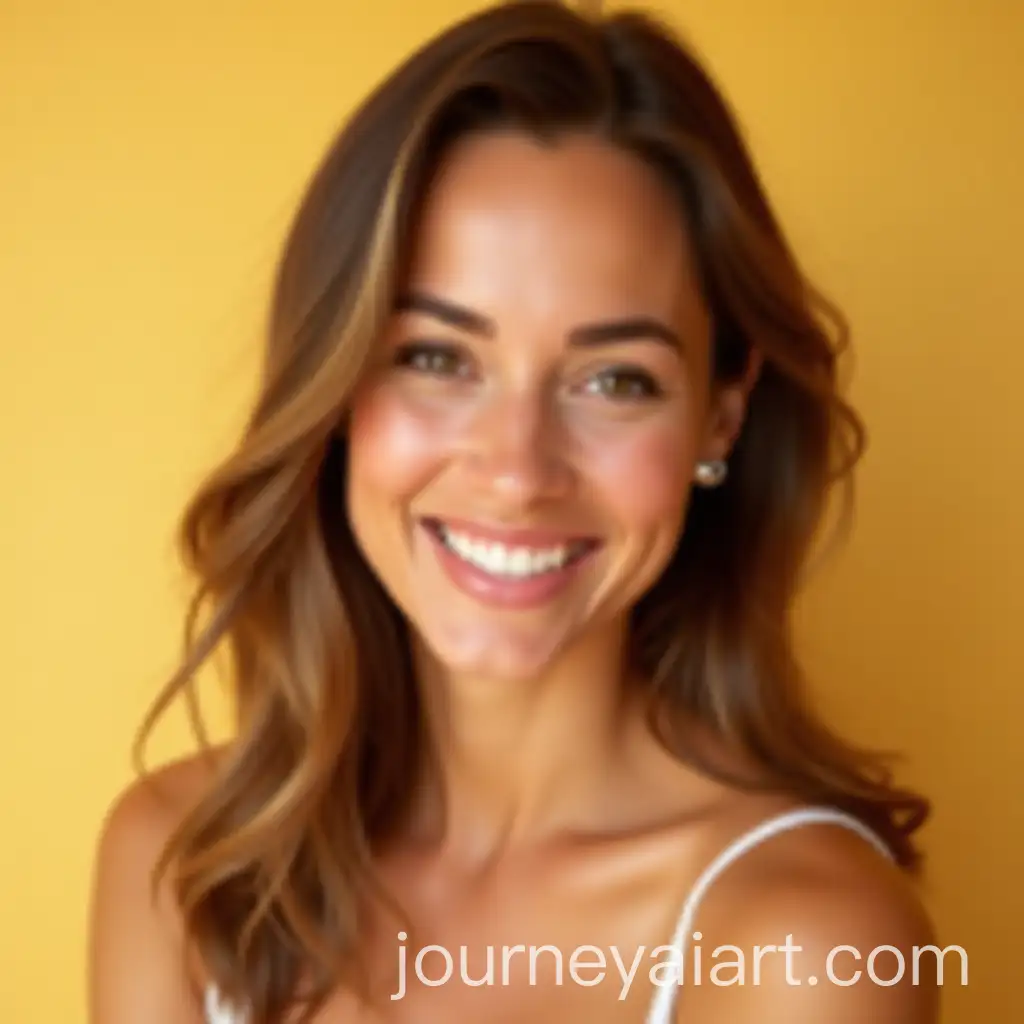 Stunning-36YearOld-Woman-with-Radiant-Skin-Smiling-Warmly-in-Elegant-Yellow-Background