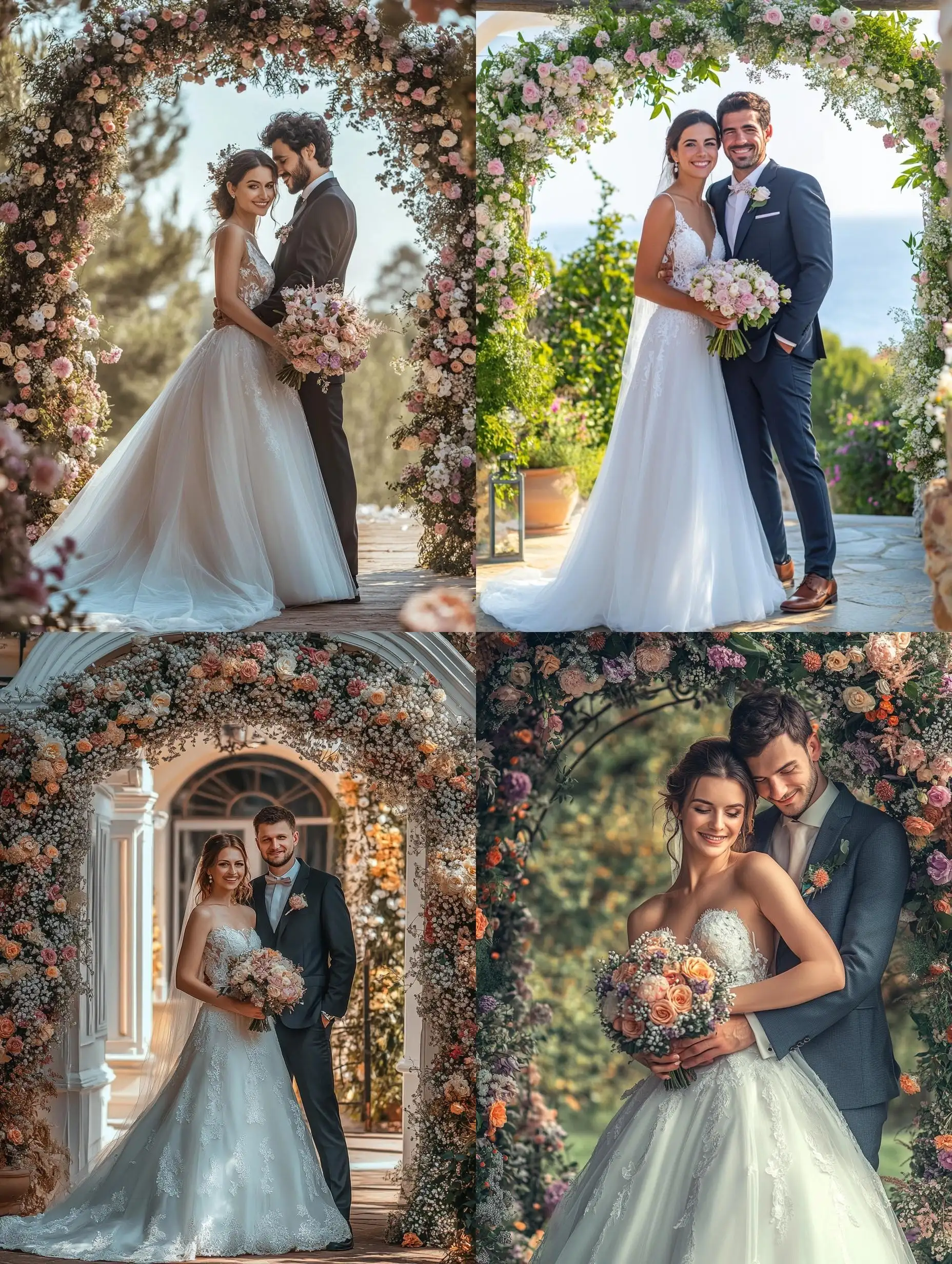 Wedding-Couple-Embracing-Under-Floral-Arch