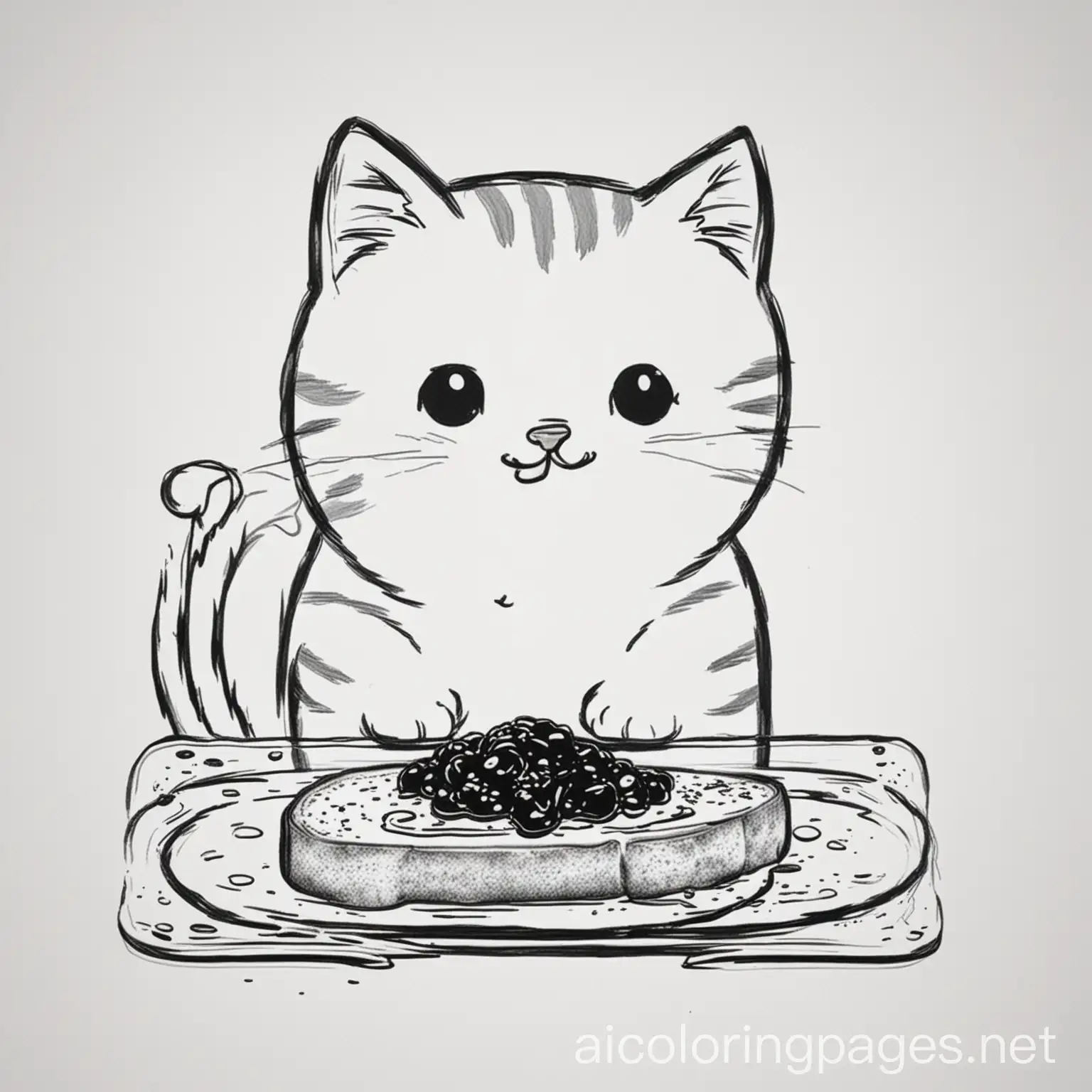 cat putting jam on toast, Coloring Page, black and white, line art, white background, Simplicity, Ample White Space. The background of the coloring page is plain white to make it easy for young children to color within the lines. The outlines of all the subjects are easy to distinguish, making it simple for kids to color without too much difficulty