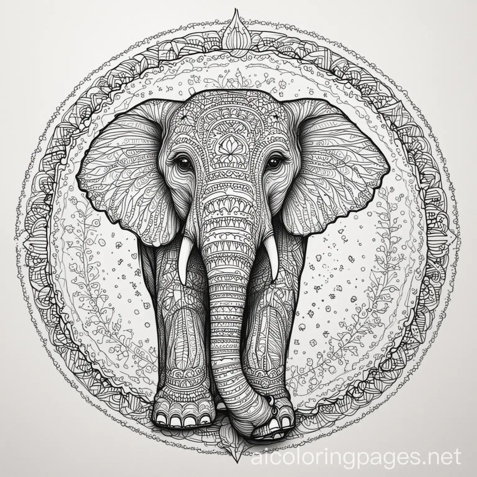 A Elephant with vivid pattern inside of it, mandala design, coloring book photo, thick lines, no dots, just outline,, Coloring Page, black and white, line art, white background, Simplicity, Ample White Space. The background of the coloring page is plain white to make it easy for young children to color within the lines. The outlines of all the subjects are easy to distinguish, making it simple for kids to color without too much difficulty