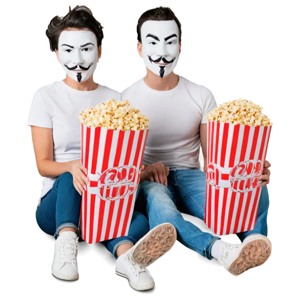 create a group of anonymous people watching a movie with popcorn