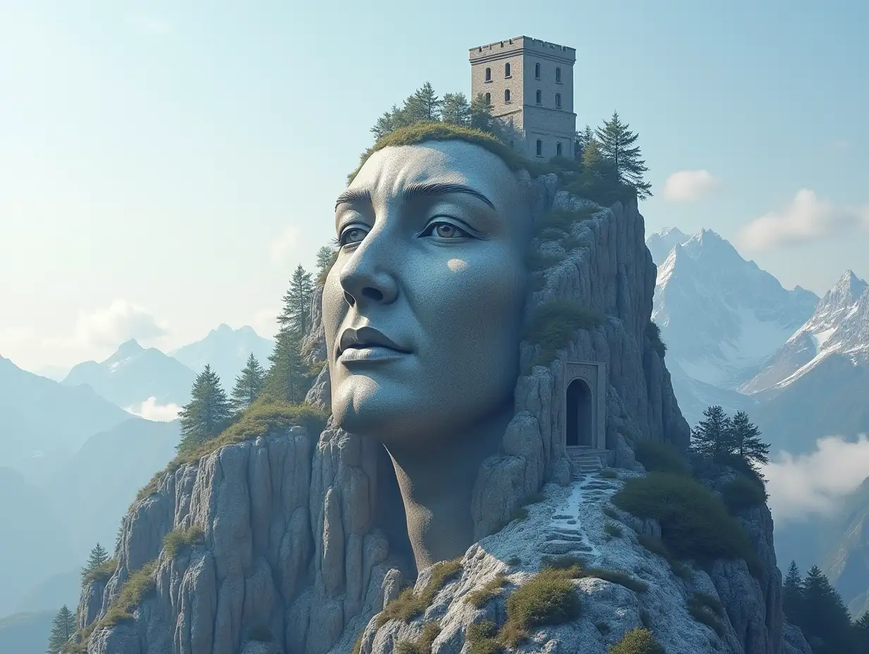 Face transformed into a building on a high mountain
